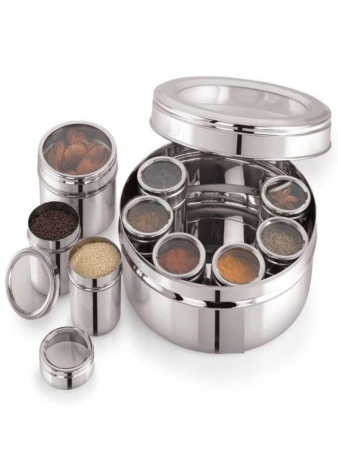Eddika Stainless Steel Masala box for Kitchen | Spice Box | Masala Dabba with See Through Lid with 9 Containers and three Spoon | Silver (Large) | (Spice box 2.5 Ltr) - Image 4